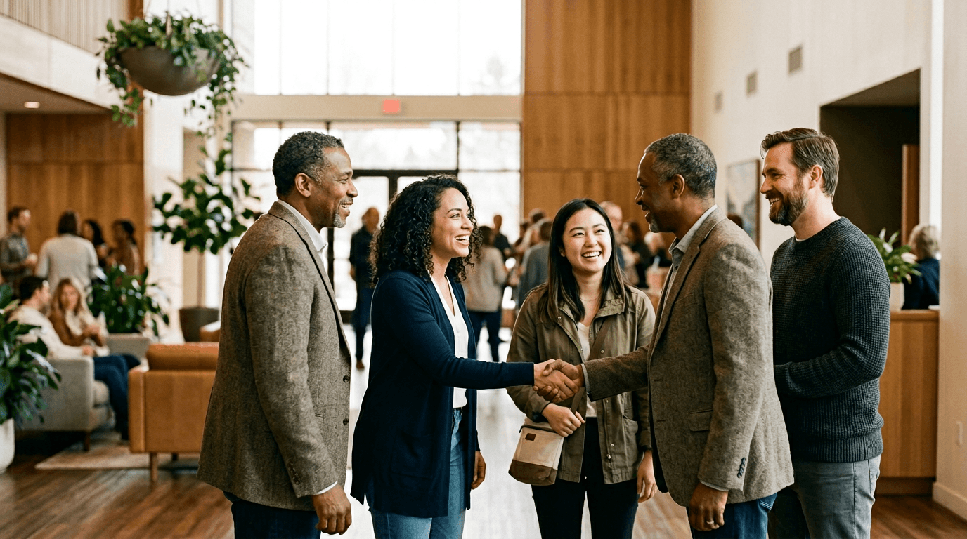 Mehrere Menschen in einer herzlichen Begrüßungssituation in einem hellen Gemeinderaum — stellvertretend für unser Welcome-Team.